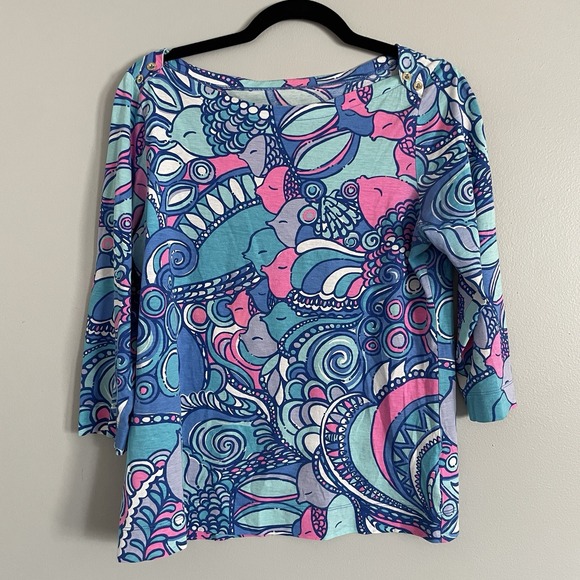 Lilly Pulitzer Women L Alida Boatneck 3/4 Sleeve Top Multi Sea Jewels Blue Pink - Picture 2 of 14